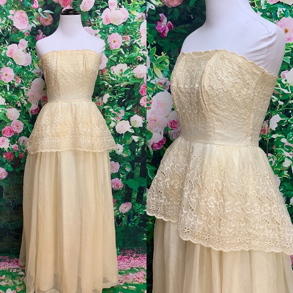 50s Cream Eyelet Lace Strapless Gown Chiffon Dress