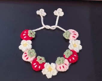 Handmade Crochet Pet Collar (3) - Strawberries & Flowers