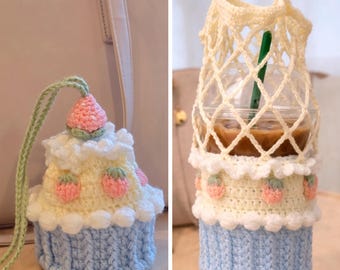 Handmade Crochet Coffee Cup Cozy (2) - Strawberry Short Cake