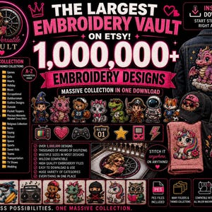 以下が含まれることがあります： The Largest Embroidery Vault on Etsyというタイトルの100万点以上の刺繍デザインコレクションのデジタル広告。グラフィックには、様々なキャラクターのイラスト、デニムジャケット、野球帽、トートバッグが描かれています。