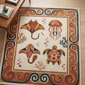 Op de afbeelding: Een rechthoekig vloerkleed met een crèmekleurige achtergrond en een rand van wervelende patronen in terracotta, goud en blauwgroen. Het midden toont illustraties van twee roggen, een kwal, een zeeschildpad en koraal in bijpassende kleuren.