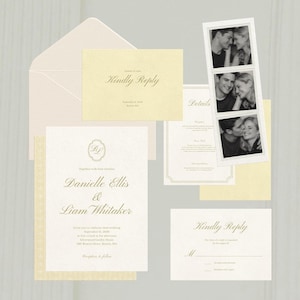 May include: Wedding invitation suite with a cream and gold color scheme. The suite includes an invitation, RSVP card, details card, and a photo strip. The invitation features the names Danielle Ellis & Liam Whitaker. The RSVP card says "Kindly Reply".