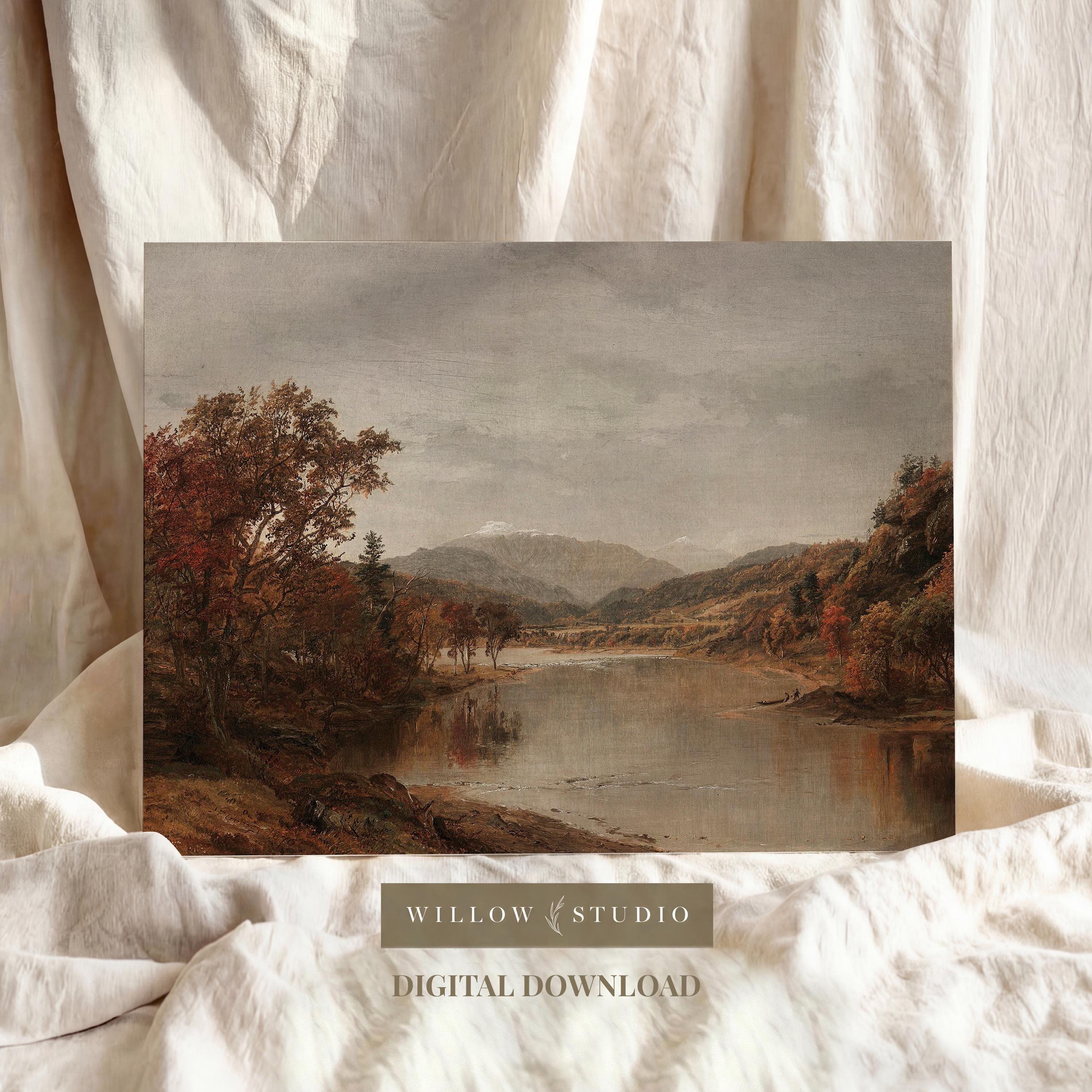 Vintage Fall Landscape Oil Painting, Moody Mountain River Wall Art ...