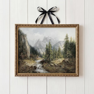 Vintage Alpine Mountain Landscape Oil Painting, Moody Forest Stream Wall Art, Antique Cabin Print, Nature Wall Decor, Digital Download