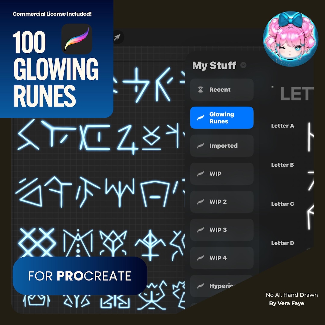100 Glowing Magic Runes for Procreate, Hand Drawn Glyphs (commercial ...