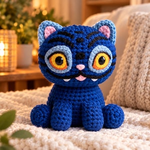 May include: A crocheted stuffed animal shaped like a cat with dark blue yarn, black tiger-like stripes, large yellow eyes with orange accents, light blue inner ears, a small pink nose, and two white fangs protruding from a black stitched mouth.