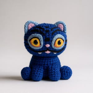 May include: A handmade blue crochet cat with large yellow eyes, light blue accents, and pink inner ears. The cat has a whimsical design, with a smiling mouth and small paws. This unique plush toy is perfect for cat lovers.