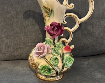 Vintage H. Bequet Majolica Ewer, Mid Century Floral Ceramic Vase