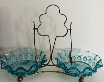 Vintage Aqua Blue Pressed Glass Bon Bon Dish Set with Brass Stand