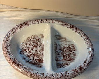 Vintage Currier & Ives Harvest Divided Serving Dish – Brown Transferware England