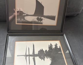 Vintage Norfolk Broads Wherry Sailing Prints Pair, Monochrome Nautical Wall Art