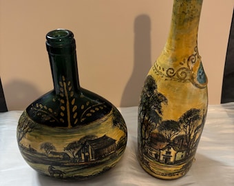 Vintage Hand Painted Wine Bottles – European Countryside Folk Art Scenes
