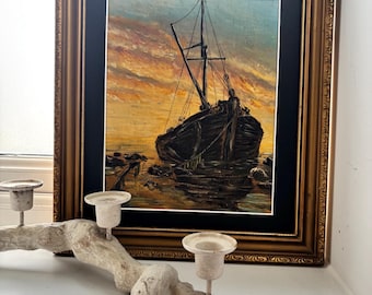 Vintage Original Oil Painting Boat at Sunset, Framed Seascape Artwork, Nautical Wall Art, Coastal Decor, Traditional Landscape Painting