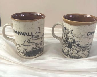 Vintage Cornwall Piskie Mugs – Pair Stoneware Cups, Folklore Map Decor