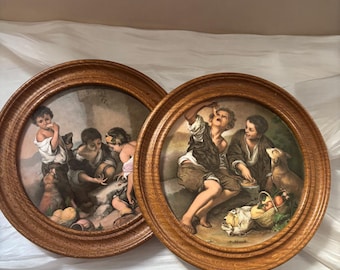 Vintage Ceramic Wall Plaques, Murillo Style Children, Spanish Baroque Decor Pair