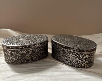 Vintage Engraved Metal Trinket Box Set, Velvet Lined Floral Keepsake Pair