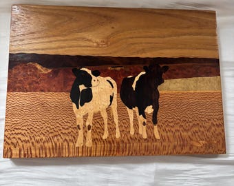 Vintage Wood Marquetry Wall Art with Cows, Rustic Farmhouse Inlay Panel, French Artisan Pascal Paris, Country Cottage Decor