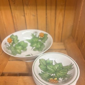 May include: A white ceramic bowl and a stack of four smaller white ceramic bowls, each decorated with a botanical illustration of green leaves and orange cloudberry fruit, featuring a thin green rim around the edge of the smaller bowls.