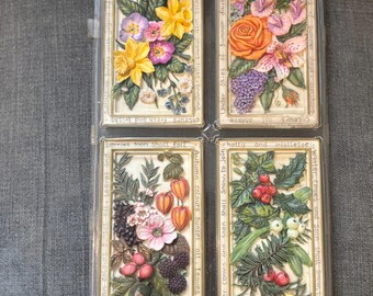 Vintage Marks & Spencer Mini Wall Plaques Set of 4, Hand Painted Floral Seasons Tiles, Cottagecore Wall Decor, Botanical Wall Art