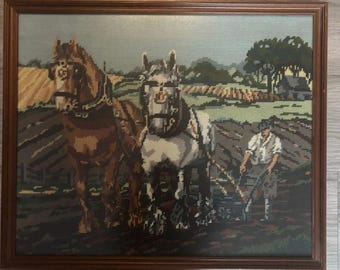 Vintage Framed Needlepoint Tapestry – Heavy Horses Ploughing Scene, Rural Wall Art