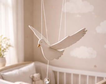 Holz Taube Mobile mit beweglichen Flügeln, personalisierte Kinderzimmer Vogel Dekor, kinetische Baby Mobile für skandinavische Kinderzimmer