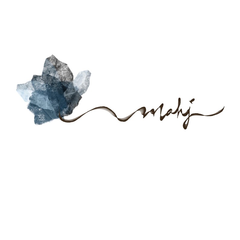 May include: A watercolor-style logo featuring a blue and gray abstract floral shape connected by a dark brown line to the word "mahj" in a handwritten font, all set against a white background.