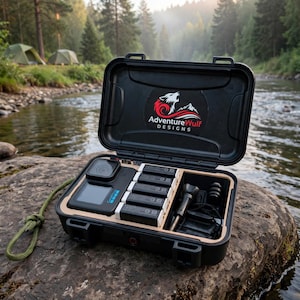 May include: A black hard-shell protective carrying case with a green paracord lanyard, containing a black action camera, four rectangular batteries, and various black mounting accessories. The interior lid features a logo with a wolf and the text AdventureWulf DESIGNS.