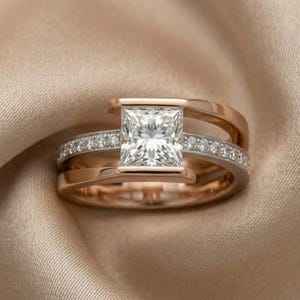 Princess Cut Engagement Ring for Him, 14K Gold Pave Setting Stackable Band, Unique Setting Ring, Modern Wedding Jewelry for Men's