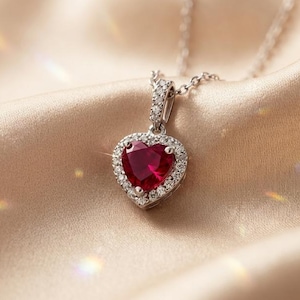 Ruby Heart Pendant, Heart Shaped Necklace With Halo, Women Wedding Jewelry, Red Heart Shaped Ruby, Minimalist Necklace for Women