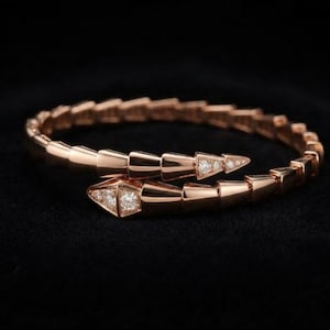 Rose Gold Snake Wrap Bracelet, Unique Scale Wrap Bracelet, Lab Grown Diamond Accent Animal Cuff, Flexible Geometric Snake Bracelet