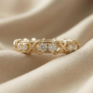 Cross Motif Lab Grown Diamond Eternity Band, Yellow Gold X Ring, Unique Moissanite Wedding Band, Stackable Statement Ring for man and women.