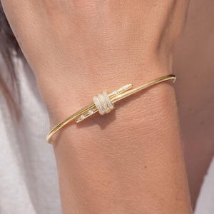 Solid Gold Diamond Torque Cuff Bangle, Overlapping Bypass Barrel Bracelet, Diamond Minimalist Stacking Bracelet