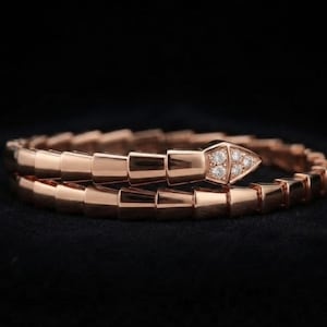 Rose Gold Snake Wrap Bracelet, Unique Scale Wrap Bracelet, Lab Grown Diamond Accent Animal Cuff, Flexible Geometric Snake Bracelet
