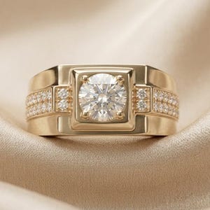 Men's Round Moissanite Diamond Signet Ring, 14K Gold Round Cut Ring, Modern Two Row Pave Diamond Ring, Statement Ring for Him, Wedding Ring