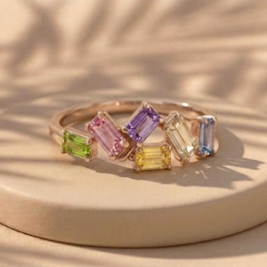 Rainbow Sapphire Baguette Ring, Multi Color Gemstone Ring , Emerald Cut Sapphire Band , Minimalist Stackable Ring, Rose Gold Rainbow Jewelry
