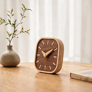 Handmade Walnut Wood Wall Clock, Minimalist Square Desk Clock, Modern Rubber Wood Decor, Unique Housewarming Gift, Silent Small Clock Art