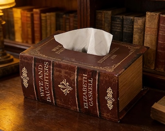 Portafazzoletti vintage, porta tovaglioli in legno in similpelle, decorazione da scrivania Dark Academia, accessorio antico per biblioteca, regalo per amanti dei libri