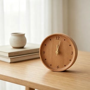 Könnte beinhalten: Eine runde Holzuhr mit hellem Braunton. Das Zifferblatt hat schwarze Punkt-Stundenmarkierungen und goldfarbene Zeiger. Die Uhr steht auf einer Holzoberfläche, im Hintergrund sind eine kleine Keramikvase und Bücher zu sehen.