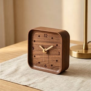 Handmade Walnut Wood Desk Clock, Silent Minimalist Table Clock for Home Office, Modern Square Wood Clock, Unique Housewarming Gift for Him