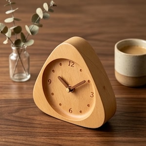 Handmade Wooden Triangle Desk Clock, Minimalist Beech Wood Table Clock, Silent Nordic Home Decor, Housewarming Gift, Office Desk Accessory