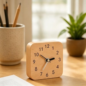 May include: A square wooden clock with black numerals and hands. The clock is made of light-colored wood and sits on a wooden surface. A pencil holder and a small potted plant are in the background.