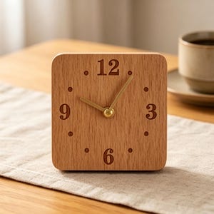 Reloj de escritorio minimalista de madera, reloj de mesa de haya, regalo de inauguración de casa, regalo de decoración de oficina para él, pequeño reloj cuadrado de madera hecho a mano