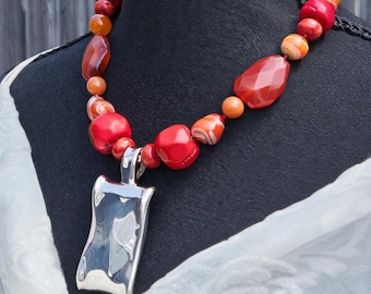 Simon Sebbag Sterling Silver Pendant Necklace – Bamboo Coral, Agate, Electroformed Modernist Design