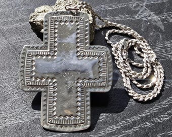 Large Sterling Silver Cross Pendant Necklace PAJ Thailand 925 2.6” Statement Piece Rope Chain