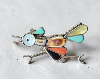 1940s Sterling Silver Roadrunner Brooch Pendant: Turquoise, Coral, Mother of Pearl Inlay