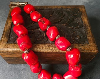 Vintage Bamboo Coral Necklace, Chunky Red Barrel Beads, Sterling Silver Toggle Clasp