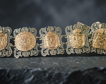 Vintage Mexican Sterling Silver & Gold Panel Bracelet – Aztec Motif Story Bracelet, Mid-Century Statement Link