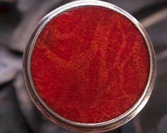 Vintage Sterling Silver Red Coral Statement Ring, Size 7.25