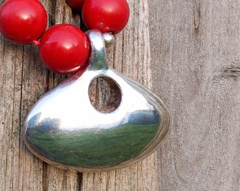 Simon Sebbag Sterling Silver Red Coral Pendant Necklace – Sculptural Modernist Israel