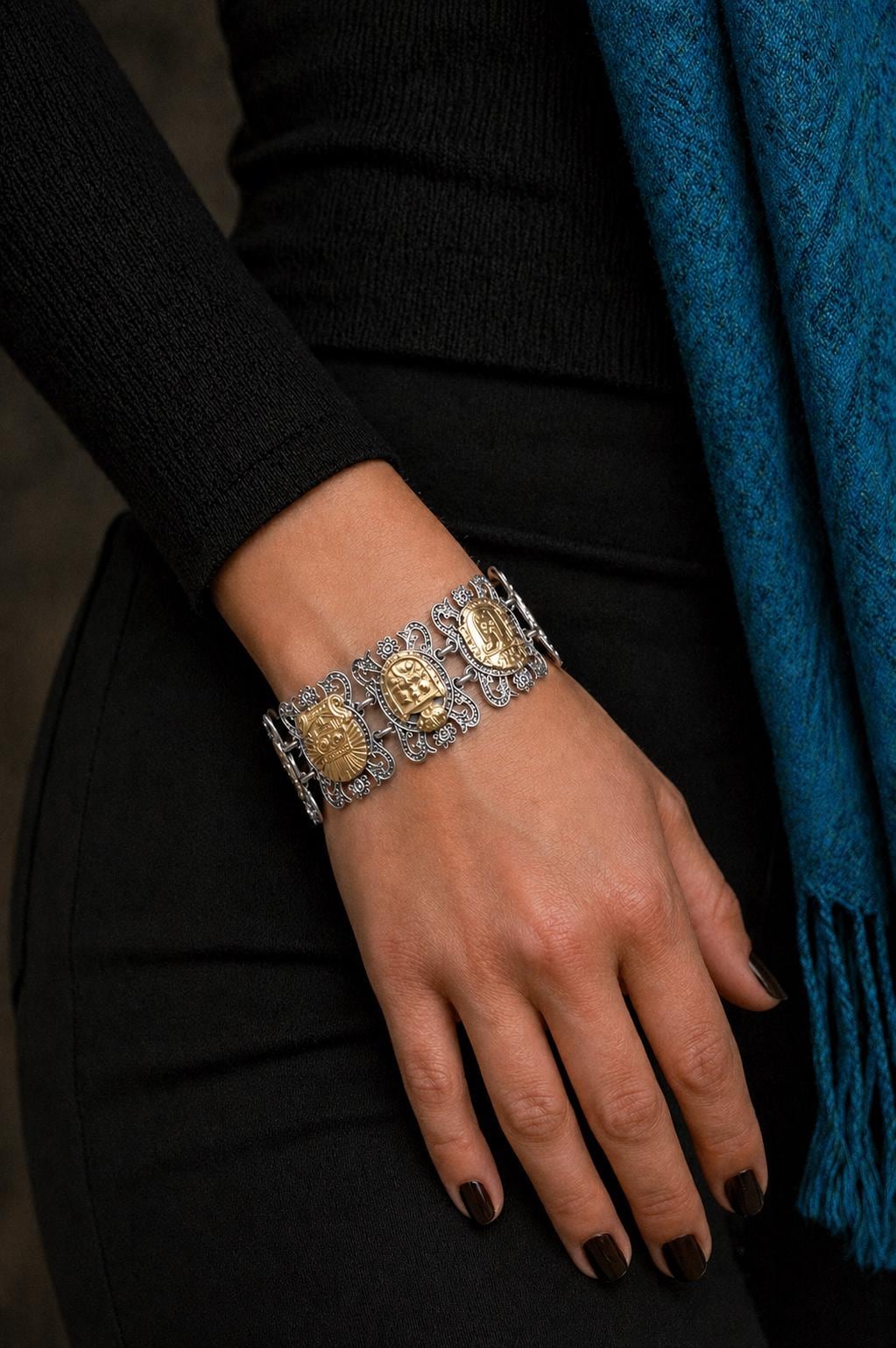 Vintage Mexican Sterling Silver 9K Gold Story Bracelet, Aztec